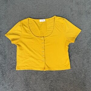 Urban Girl Mustard Yellow Ribbed Button Front Crop Top XL CT5024‎ Short Sleeve